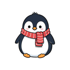 Adorable cartoon penguin wearing a red striped scarf standing on white background illustration