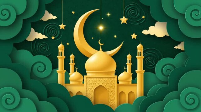 A stunning 3D rendered animation or paper-cut style graphic depicts an ornate golden architectural structure with multiple domes and minarets, set against a rich, dark green textured background. A pro
