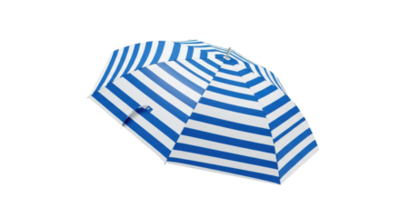 Blue and white striped beach umbrella isolated on black background image 1