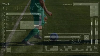 Digital interface with data processing against low section of male soccer players playing football - Powered by Adobe