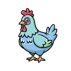 A cartoon blue chicken stands looking left on white background with red comb. © Hugo