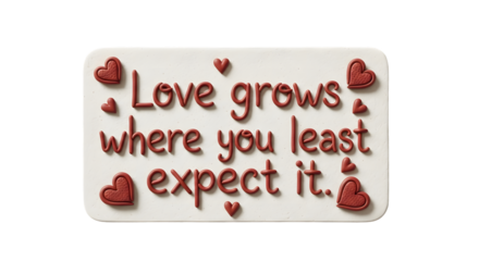 A white rectangular plaque with the quote 'Love grows where you least expect it.' in red raised letters, surrounded by small red hearts.