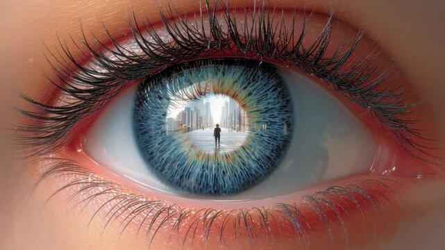 Eye close-up showcasing a vibrant blue iris reflecting a cityscape with a solitary figure walking, emphasizing intricate details of eyelashes and the depth of the eye's surface in a surreal visual exp