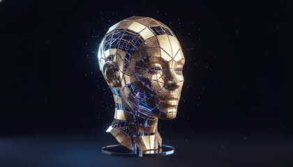Human head with glittering gold particles, luxury tech portrait concept
