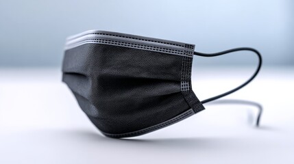 Naklejka premium Black medical mask positioned on a clean surface, featuring soft shadows and a blurred background, ideal for health-related themes and promotional materials with copy space