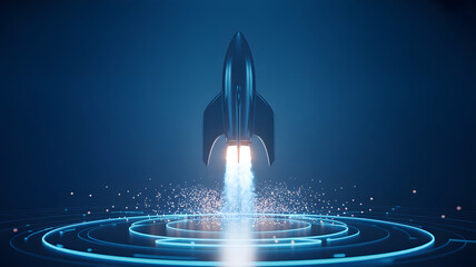 Rocket launches from a glowing digital platform, creating a particle trail