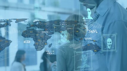 Multiple profile icons over world map against african american businessman using smartphone - Powered by Adobe