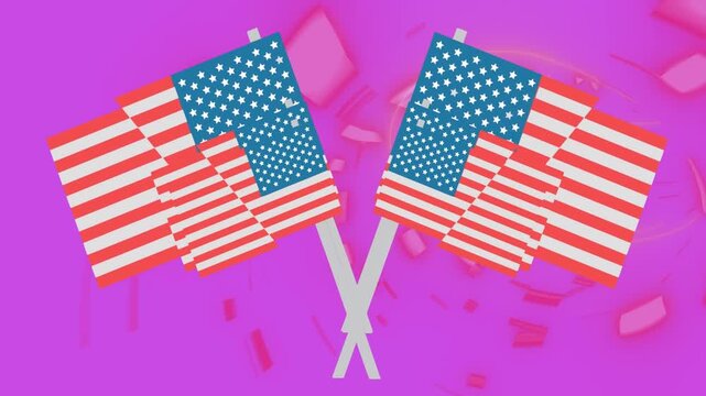 Animation of crossed flags of america multiplying and moving over pink abstract background