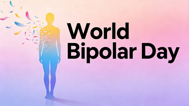 The combination of gradient human form and feathers interprets the World Bipolar Disorder Day's focus on psychological diversity, suitable for psychological public welfare promotional materials.
