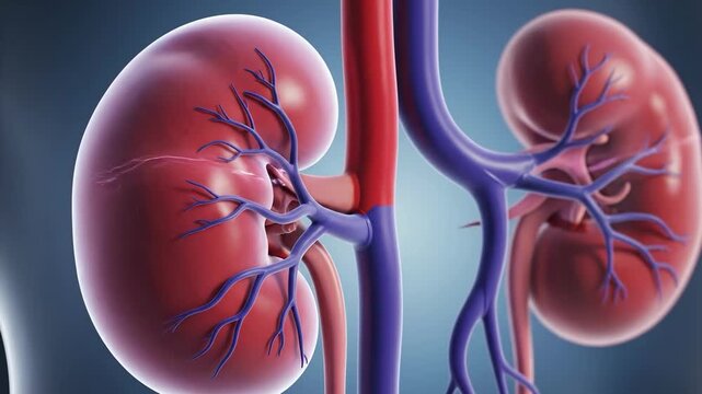 3d illustration of human kidneys with renal artery and vein anatomy