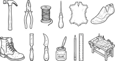 Set of 10 Black and White Shoemaking Craft Tools Vector Illustration