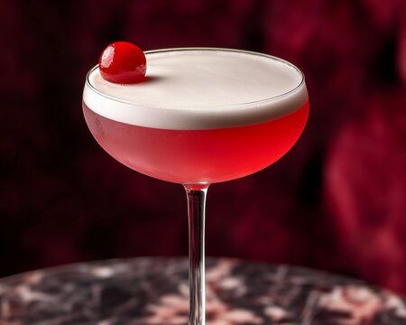 The cocktail like a Pink Ldy or a similar gin-based rink featuring an egg whit foam for its frothy textue. The distinctive red lipgarnish is an artistic or hemed addition