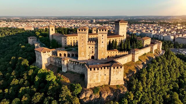 Medieval castle fortress amidst verdant landscape aerial view