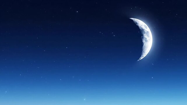 A bright crescent moon illuminates the vast deep blue night sky scattered with numerous twinkling distant stars creating a peaceful celestial scene.