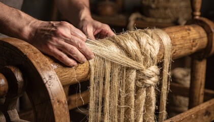 Medium shot captures skillful hands working semiwet flax fibers on a spinning wheel blending moisture and dryness for textured durable curtain yarns.