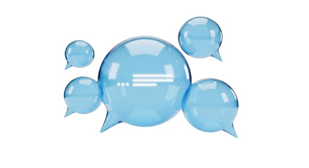 Five translucent blue speech bubbles with white text and dots talk chat