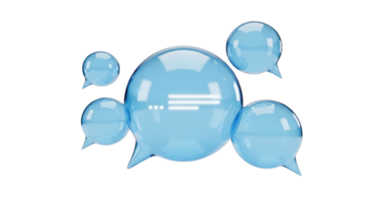 Five translucent blue speech bubbles with white text and dots talk chat