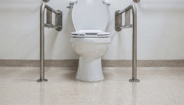 Medium shot of a raised toilet in a vinylfloored accessible bathroom featuring grab bars in sharp focus and a softly blurred walk.