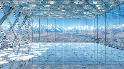 Abstract Mirrored Room Reflecting Snowy Mountain Range Under Blue Sky Creating Distorted Landscape Views Interior Design and Geometric Patterns