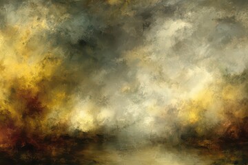 Abstract Oil Painting with Swirling Brushstrokes of Yellow White and Dark Tones Creating a Dynamic and Textured Composition Expressing Turbulence and Energy