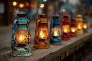 Traditional lanterns arranged on a wooden table