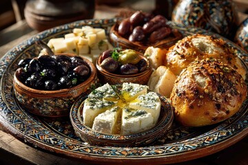 Traditional Ramadan food platter with olives
