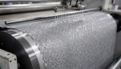 Medium shot of a rotary screen coating machine applying flock adhesive through a patterned mesh focusing on precise deposition of fibers onto a cylindrical screen surface.