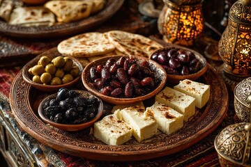 Traditional Ramadan food platter with olives