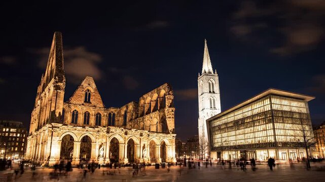 Coventry Cathedral Ruins and Skyline Day to Night Time-Lapse 4K Video