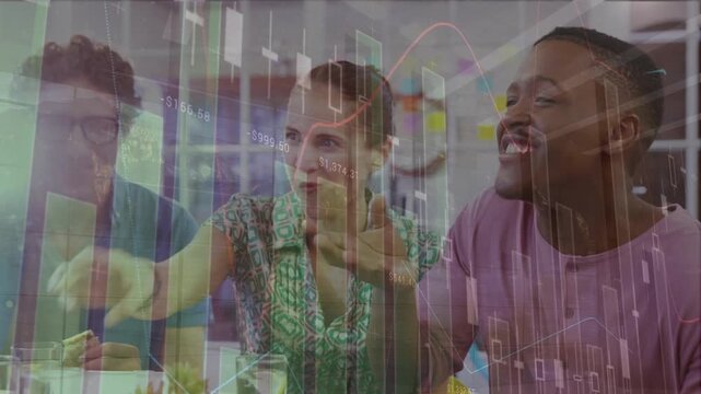 Animation of bar graphs over multiracial colleagues talking during breaktime in modern office