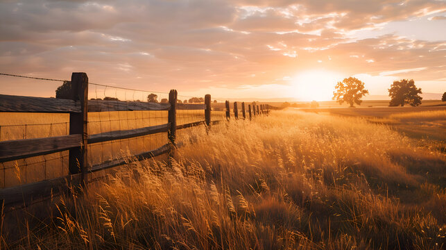 Serene countryside landscape at golden hour with warm sunlight