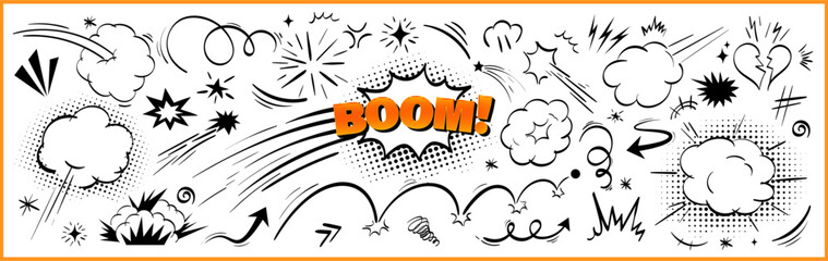 Cartoon explosion vector kit with comic speed lines, bright orange halftone word BOOM, burst smoke and broken heart. Superhero impact frame effect for pop animation, doodle air element bundle. © A_Y_N