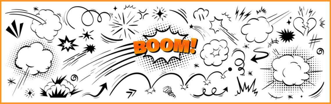 Cartoon explosion vector kit with comic speed lines, bright orange halftone word BOOM, burst smoke and broken heart. Superhero impact frame effect for pop animation, doodle air element bundle.