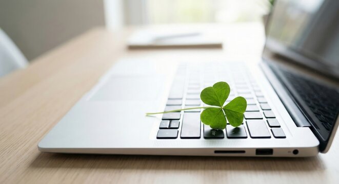 Laptop with Shamrock on Keyboard for Good Luck Concept
