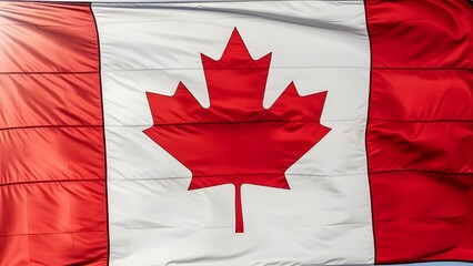 A close-up view of the national flag of Canada, displaying its distinctive design of a red maple leaf centered on a white square, flanked by two vertical red bands. The flag is made of fabric.