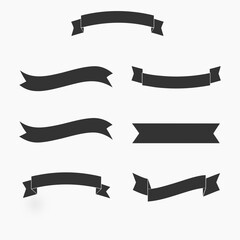 Set of Black Vector Ribbon Banners and Hand-Drawn Scroll Silhouettes Isolated on White Background