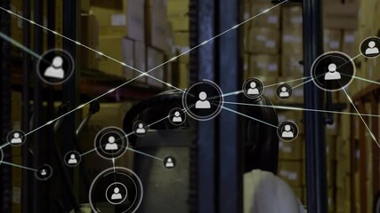 Animation of network of connections over turret truck in warehosue