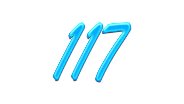 Glowing blue effect of number 117 on white background.