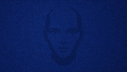 Binary code face formed with ones and zeros on blue screen