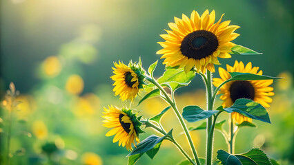 A serene field of sunflowers basking in warm sunlight on a beautiful summer day outdoors