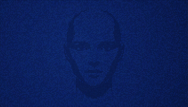 Binary code face formed with ones and zeros on blue screen