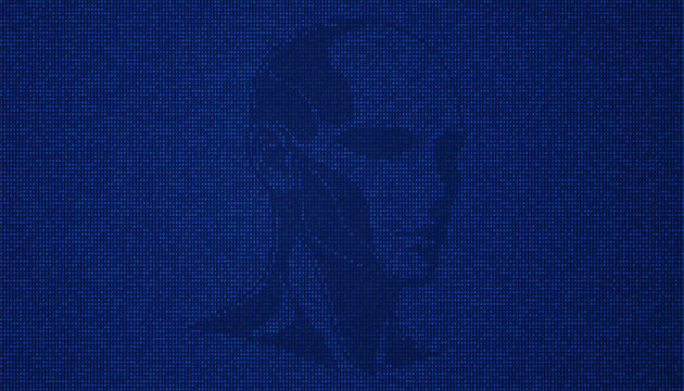Cybernetic head profile rendered in binary code style