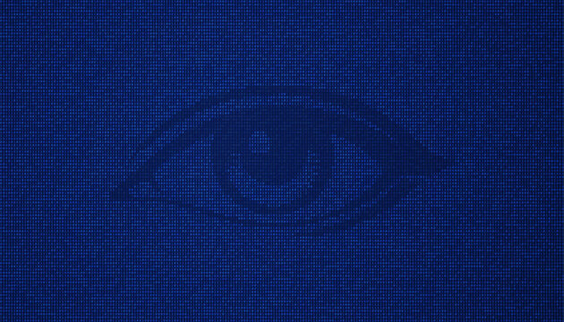 Human eye symbol created with binary numbers on blue screen