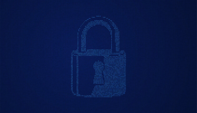 Digital padlock icon shaped from glowing binary digits