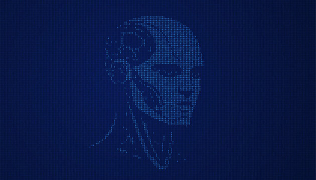 Futuristic AI head formed with gears and binary code