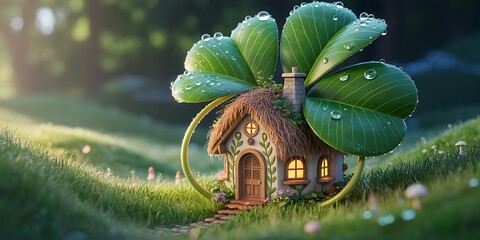 Whimsical st patrick's day cottage hidden behind a giant shamrock in a lush emerald green landscape