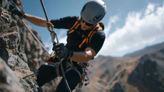 41Detailed close-up of a climber performing a controlled rappel stop, brake hand locked on rope, belay device and carabiner clearly visible, cliff textures and open air behind, techn