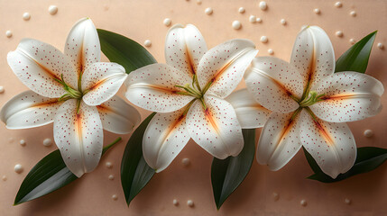 White lilies are arranged on a soft background with small beads scattered around them