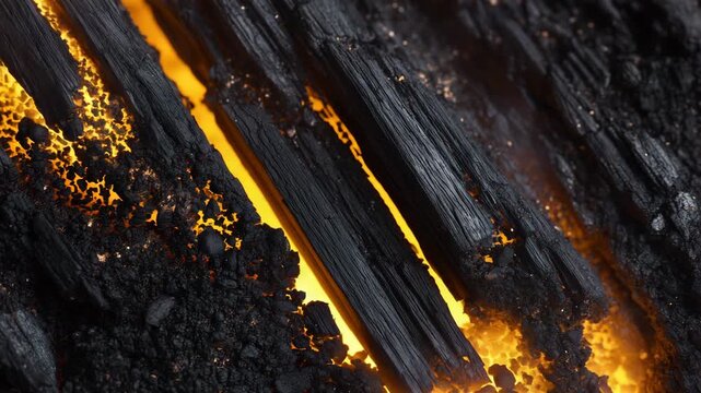 46Extreme close-up of a charcoal block surface, cracked patterns and porous carbon structure dominating the frame, dramatic macro lighting, abstract texture study