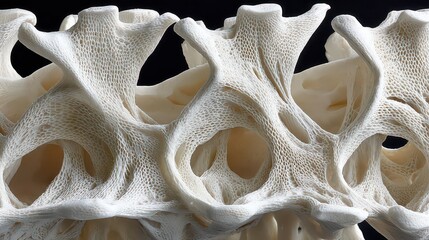 Close Up of Detailed Skeletal Vertebrae Structure on Black Backdrop Creamy White Bone Exhibits Intricate Interlocking Openings for Biological Study